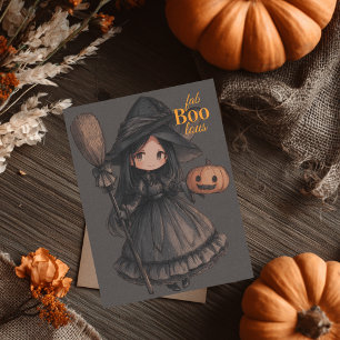 Postal Niña bruja linda su escoba y calabaza Halloween pa