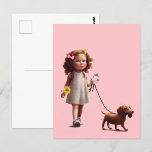 Postal Niña Caminando Dachshund