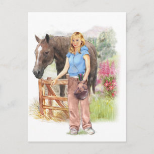 Postal Niña con caballo para comunión