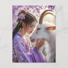 Postal Niña con Cabra Arte del Zodiaco Chino