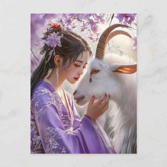 Postal Niña con Cabra Arte del Zodiaco Chino (Anverso)