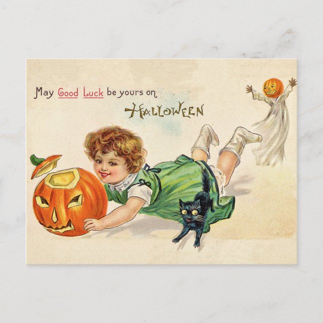 Postal Niña con calabaza tallada y gato negro (Anverso)