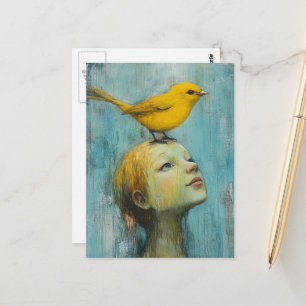 Postal Niña con el pájaro amarillo en la cabeza