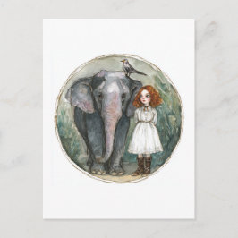 Postal Niña con elefante y pájaro