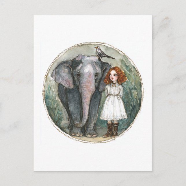 Postal Niña con elefante y pájaro (Anverso)