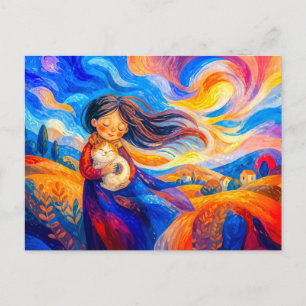 Postal Niña con gato en colores fluidos y ventosos