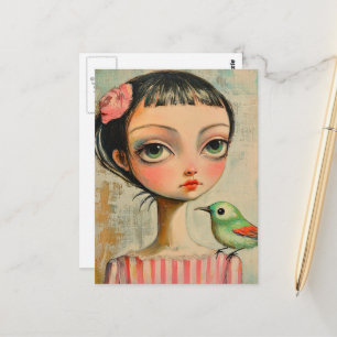 Postal Niña con lindo pájaro verde en su hombro
