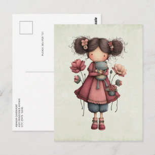 Postal Niña con muñeca de rana linda y caprichosa
