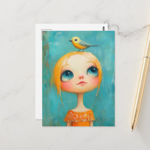 Postal Niña con un pájaro en la cabeza