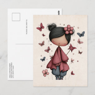 Postal Niña con varita mágica y mariposas Lindo