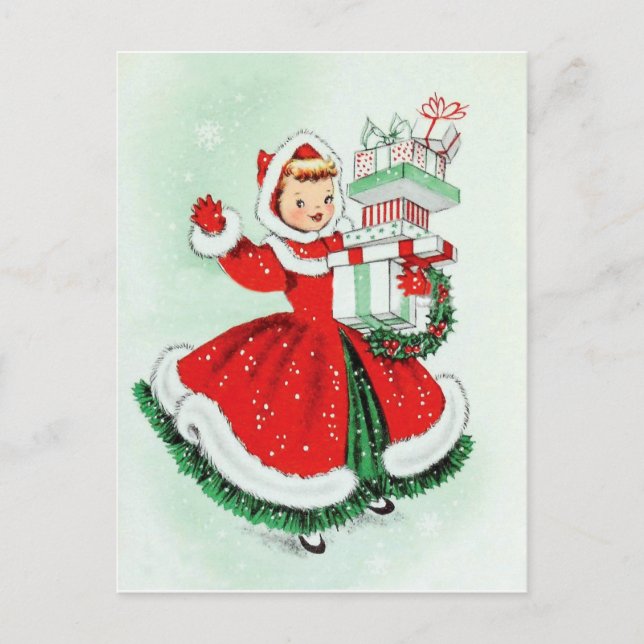 Postal Niña con vestido rojo con regalos de Navidad (Anverso)