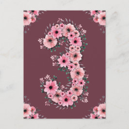 Postal Niña Cumple 3 años Flores rosadas Follaje verde