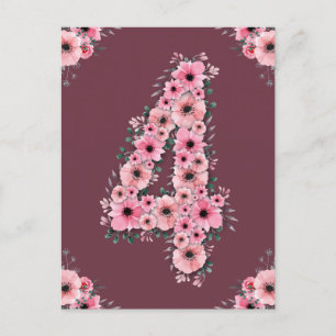 Postal Niña Cumple 4 años Flores Rosadas Follaje Verde