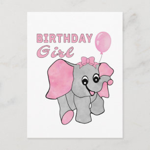 Postal Niña Cumpleaños Elefante Bebé Rosa