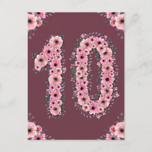 Postal Niña Cumpleaños Grande 10 Rosas Pink Follaje Verde