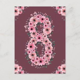 Postal Niña Cumpleaños Grande 8 Rosas Pink Follaje Verde