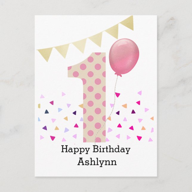 Postal Niña de 1er cumpleaños rosa (Anverso)