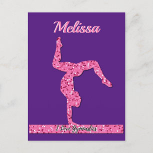 Postal Niña de Gimnasia Rosa Brillo Barra de Equilibrio