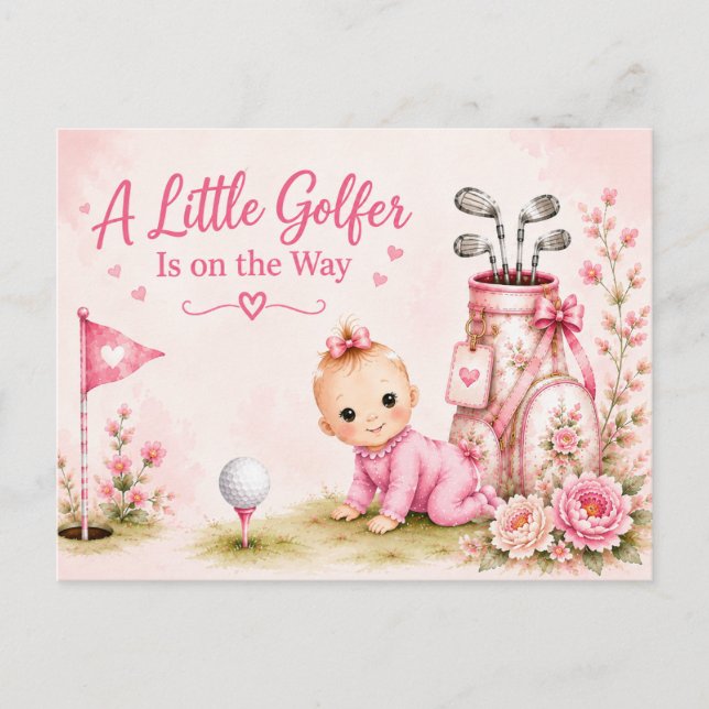 Postal Niña de Golf en rosa temática para golfista (Anverso)