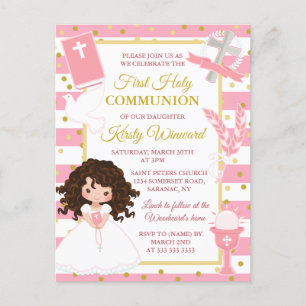 Postal Niña de pelo castaño con raya rosa Primera Comunió