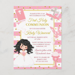 Postal Niña de pelo negro con raya rosa Primera Comunión