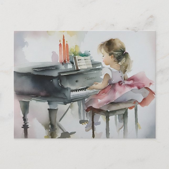 Postal Niña dulce pianista tocando el piano (Anverso)