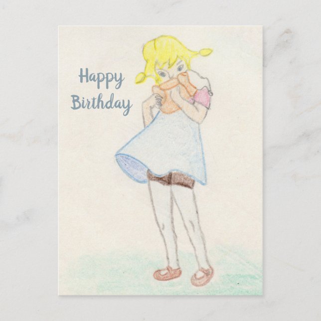 Postal Niña encantadora con oso de peluche (Anverso)