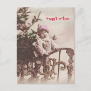 Postal Niña feliz Año Nuevo Saludos Vintage
