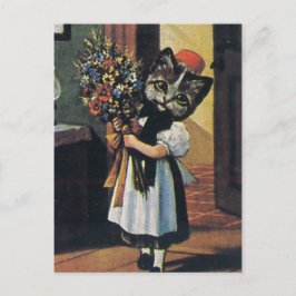 Postal Niña Gatita Con Flores