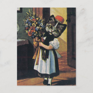 Postal Niña Gatita Con Flores