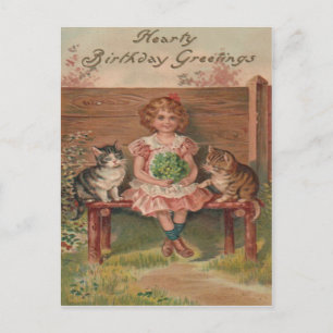 Postal Niña Gato Gatito Flores Cumpleaños