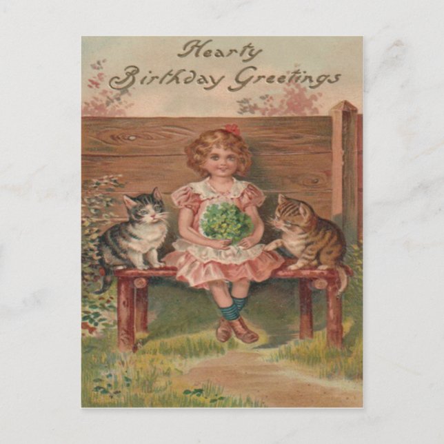Postal Niña Gato Gatito Flores Cumpleaños (Anverso)
