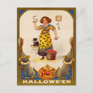 Postal Niña Gato Negro Jack O' Lantern