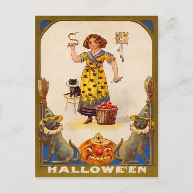 Postal Niña Gato Negro Jack O' Lantern (Anverso)