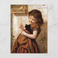 Niña, gato y pájaro - Pintura antigua