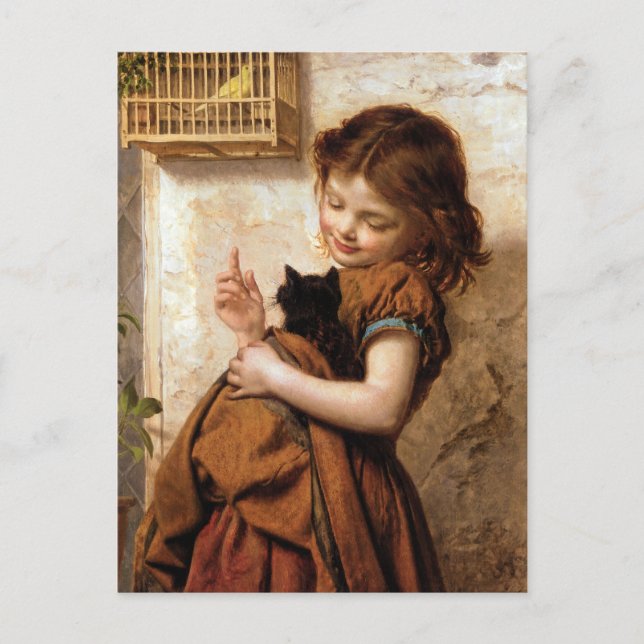 Postal Niña, gato y pájaro - Pintura antigua (Anverso)
