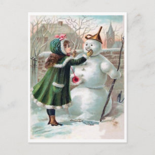 Postal Niña haciendo un muñeco de nieve, vacaciones vinta