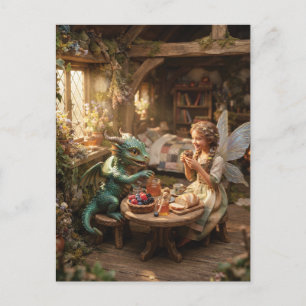Postal Niña Hada y pequeño dragón verde tomando té
