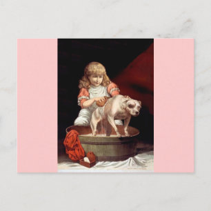 Postal Niña lavando a su perro mascota