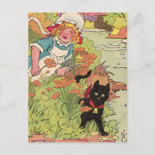 Postal Niña linda de 1915 y su gato negro