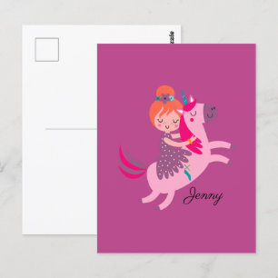 Postal Niña Linda de Cabello Naranja Montando un Unicorni
