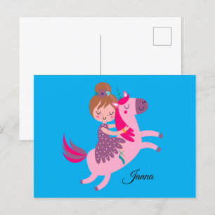 Postal Niña Linda de Cabello Rubio Montada en un Unicorni