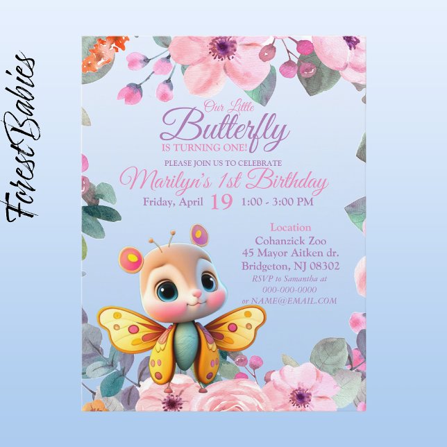 Postal Niña linda flores mariposa bebé cumpleaños 1 año (Butterfly Girl 🦋 Pink Floral 🌸 ForestBabies Customizable 1st Birthday Party Front)