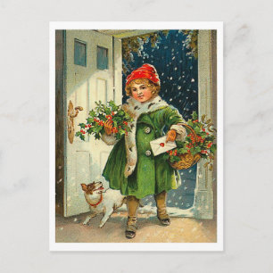Postal Niña llegando en Nochebuena con su perro