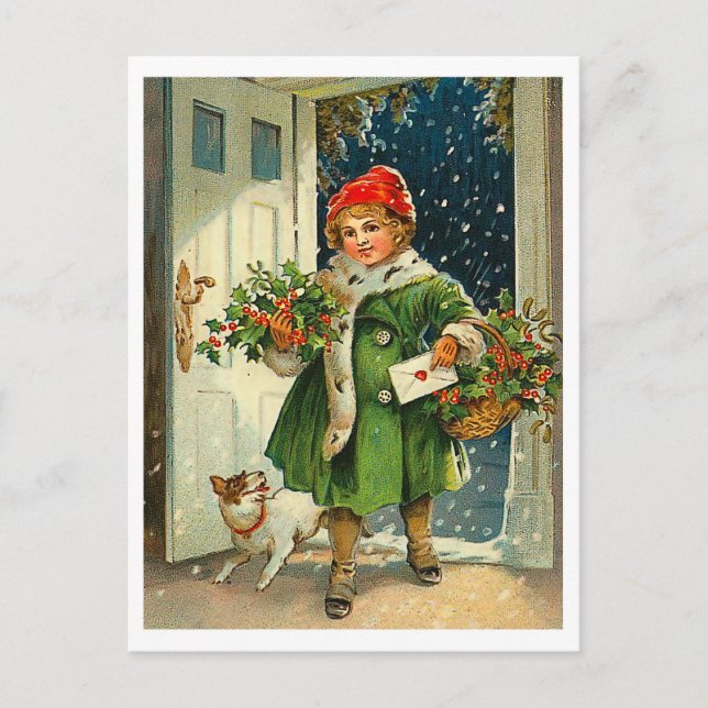 Postal Niña llegando en Nochebuena con su perro (Anverso)