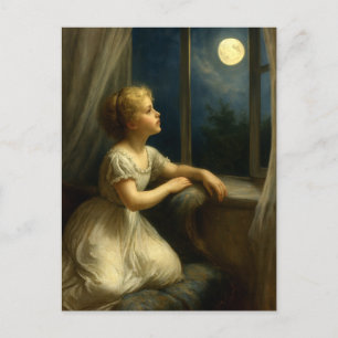 Postal Niña mirando una luna llena a través de la ventana