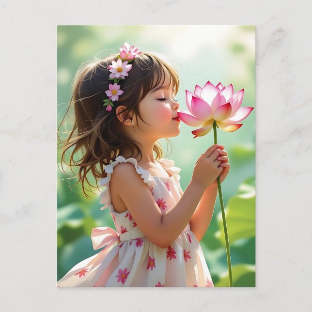 Postal Niña pequeña bonito huele a rosa rosa (Anverso)