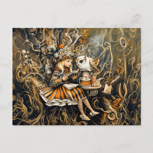 Postal Niña pequeña con búho en una casa raíz de árbol (Anverso)