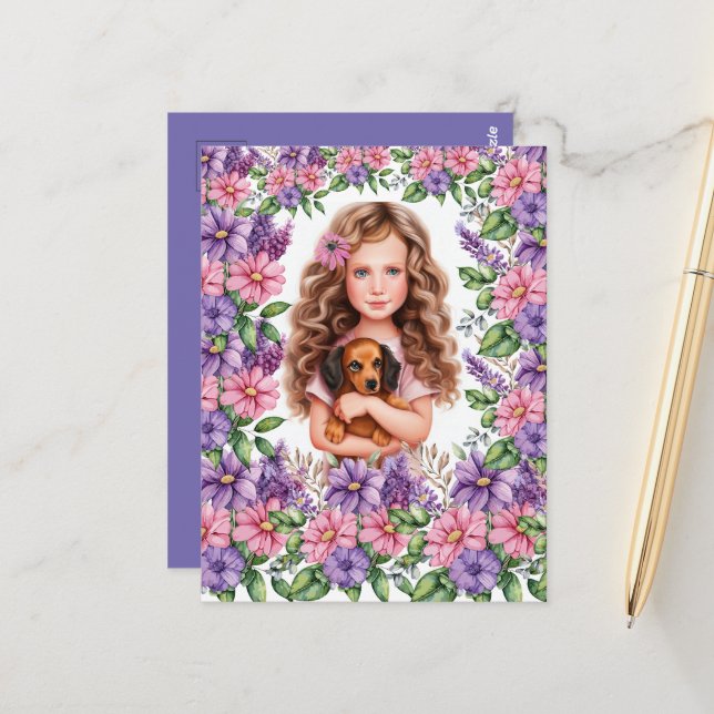 Postal Niña pequeña con cachorro de dachshund (Anverso/Reverso In Situ)