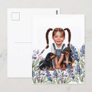Postal Niña pequeña con cachorros de Dachshund